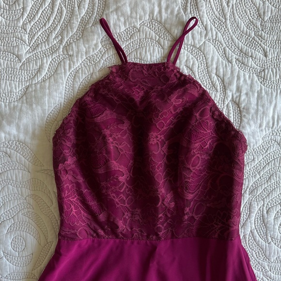 Hayley Paige Occasions - Chiffon Halter Lace Dress - Style 5715 - Flamingo - Picture 5 of 13